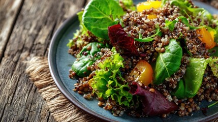 Foods boots serotonin. Fresh quinoa salad with mixed greens and vibrant ingredients on a rustic wooden table.