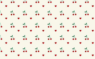 Sweet and charming seamless pattern featuring red cherries and hearts on a light background. Perfect for textiles, digital papers, and invitations