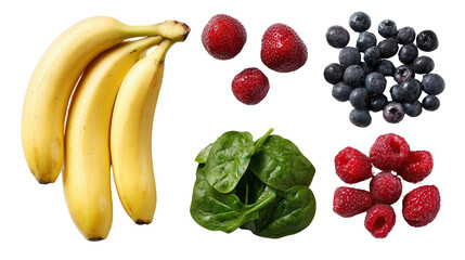 Fresh Fruit Smoothie Ingredients: A flat lay of fresh fruit smoothie ingredients like bananas, berries, and spinach, isolated on a Transparent background, PNG file.