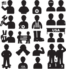 Diverse silhouettes representing american workers and celebrations of patriotism