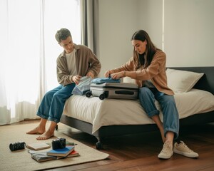 Casual Packing Action Couple Preparing for Journey in Cozy Bedroom Environment Concept