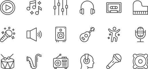 Music and Audio Icons – Headphone, Speaker, Guitar, DJ, Equalizer, Music, Sound, Audio, Control, Playlist, Tech, Entertainment, DJ Icon, Flat Style
