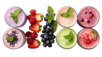 Fresh Fruit Smoothies: A flat lay of fresh fruit smoothies with vibrant colors, isolated on a Transparent background, PNG file.
