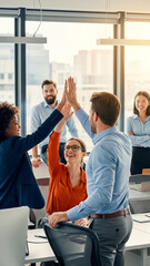 Triumphant Team Spirit: Diverse Colleagues Share a Group High-Five in a Bright Office