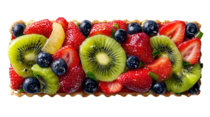Fresh Fruit Tart: A flat lay of a fresh fruit tart with vibrant fruits like strawberries, kiwi, and blueberries, isolated on a Transparent background, PNG file.