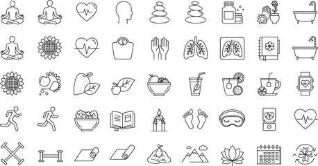Health and Wellness Icons Featuring Meditation, Fitness, Nutrition, Mental Health, Relaxation, Yoga, Holistic Lifestyle Graphics