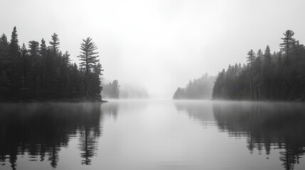 Fototapeta premium Misty Lake Landscape in Black and White
