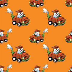 Cute ghost wearing cap character driving a pumpkin car seamless halloween pattern