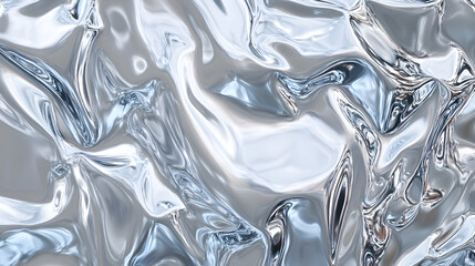 Shimmering metallic fluid forms an elegant abstract pattern with cool grey and blue reflections.