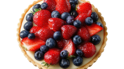 Fresh Fruit Tart with Berries: A flat lay of a fresh fruit tart topped with berries like strawberries and blueberries, isolated on a Transparent background, PNG file.