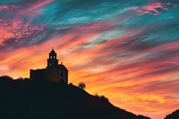 Obraz premium Silhouette church on hilltop, vibrant sunset sky