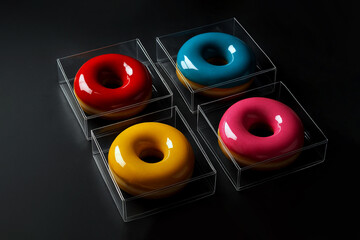 Glossy donuts with vibrant glaze neatly arranged in clear boxes on a dark textured background — perfect for gourmet dessert ads and stylish food presentations.