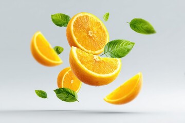 Floating Orange Slices and Leaves Against White Background