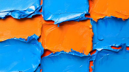 Textured blocks of bright blue and orange paint interlock in a dynamic artistic composition.