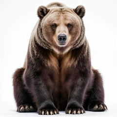 Majestic Grizzly's Stare: A powerful grizzly bear sits and stares into the camera, its imposing presence filling the frame. The shot highlights its raw strength, wild beauty, and quiet intensity.