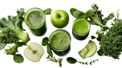 Fresh Green Juices: A flat lay of fresh green juices with ingredients like kale, spinach, and apple, isolated on a Transparent background, PNG file.