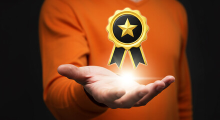 Achievement Symbol of Excellence: A close-up shot of a person presenting a shining achievement symbol in a captivating and inspiring scene, ready to illuminate your goals.