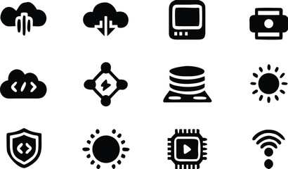 Black and White Technology Icons Cloud Computing Database C P U Wireless 
