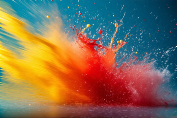 Vibrant Red and Yellow Powder Explosion Against Blue Background.