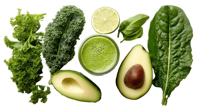 Fresh Green Smoothie: A flat lay of a fresh green smoothie with kale, spinach, and avocado, isolated on a Transparent background, PNG file.