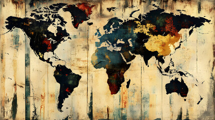 Vibrant distressed world map painted on rustic wooden planks, showcasing global unity and artistic texture.