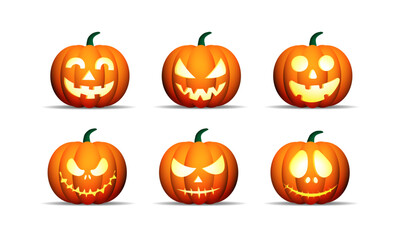 Halloween pumpkins set vector design. Halloween orange pumpkin with funny and scary faces for holiday season spooky trick or treat collection isolated in white background. Vector illustration seasonal
