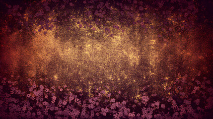 Vibrant golden dust spreads across a deep, textured backdrop, framed by subtle, stylized floral forms.