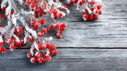 Vibrant red berries adorned with sparkling frost rest gently on rustic wooden planks.