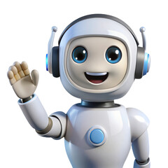 Friendly cartoon robot with big blue eyes and headphones waving hello isolated on white background