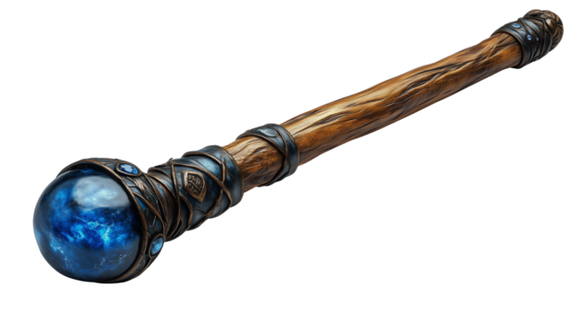 Handcrafted sorcery wand with magical energy-infused crystal and rough wood style for high fantasy settings on transparent background