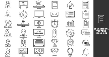 Educational vector icons showcase learning, teaching, and academic achievement, e-learning resources in a simple outline.