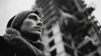 Contemplative young man gazing upward urban construction site portrait photography overcast atmosphere close-up perspective