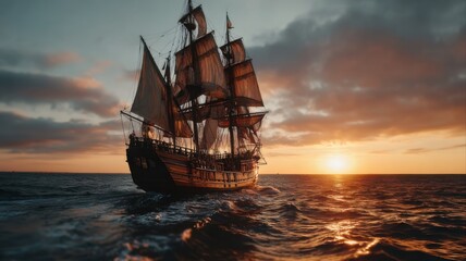 Obraz premium Majestic Historical Ship Sailing at Sunset 