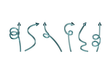 A collection of stylized, teal arrows exhibiting various curves and twists.