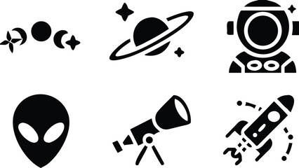 Collection of black and white space themed icons including planets astronauts rockets and aliens 
