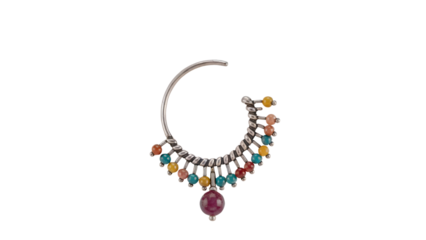 Silver nose ring with colorful beads and ruby pendant jewelry accessory