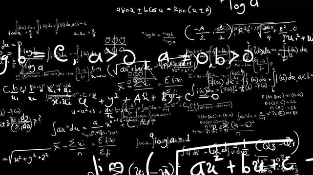 Mathematical formula animation on black background, animated calculation thinking movement