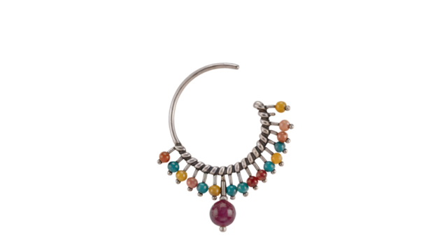 Silver nose ring with colorful beads and ruby pendant jewelry accessory