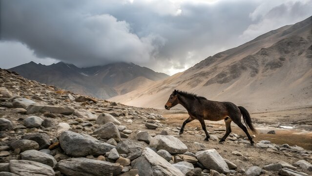 Zanskari Pony Crossing Rocky Himalayan Terrain