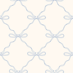 Hand drawn ribbon bow seamless lattice pattern with a charming whimsical cottage core design. Soft blue, pastel, and nostalgic trellis print. Perfect for textiles and romantic vintage-inspired decor.