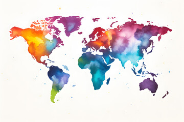 Light grunge watercolor world map isolated on white and transparent background
