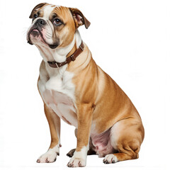Obraz premium Loyal Companion: A stately Bulldog sits regally, his brown and white coat a testament to his breed's distinguished heritage. He wears a simple collar, and gazes upwards.