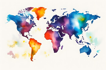 Light grunge watercolor world map isolated on white and transparent background
