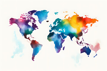 Light grunge watercolor world map isolated on white and transparent background

