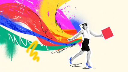 Collage of surprised woman running with red bag with wave of colorful brushstrokes from it. Concept of retail stress humor, fast delivery ads, urgent offer visuals, fashion blog covers.