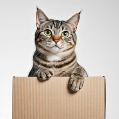 Curious feline in cardboard box: A beautiful tabby cat curiously looks up, perched atop a brown cardboard box, capturing its playful spirit and inquisitive nature.