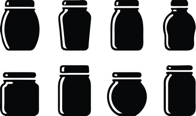 Vector illustration collection of various silhouetted glass jars with caps for preserving food or holding liquids 

