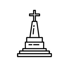 Religious Memorial or Monument Line Icon. Cross on Stone Pedestal Vector Outline.