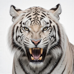 Fototapeta premium White Tiger’s Gaze: A captivating close-up of a white tiger, showcasing its fierce expression, piercing eyes, and the raw power behind its primal instincts.