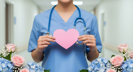 Nurse holding a pink heart, symbolizing care and compassion on International Nurses Day.